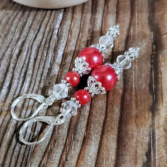 Red Glass Pearl Sterling Silver Plated Handcrafted Dangle Earrings - Picture 6 of 11